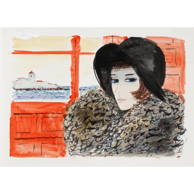 Charles Levier, Portrait of Woman in Black Hat, Watercolor on Paper, Signed For Sale