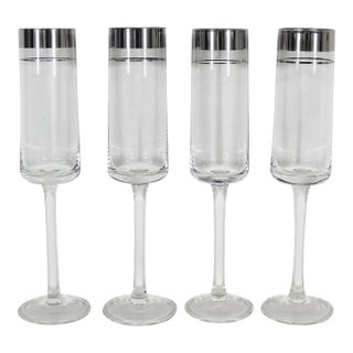 Mid-Century Modern Silver Rim Champagne Flutes Glasses- Set of 4 For Sale