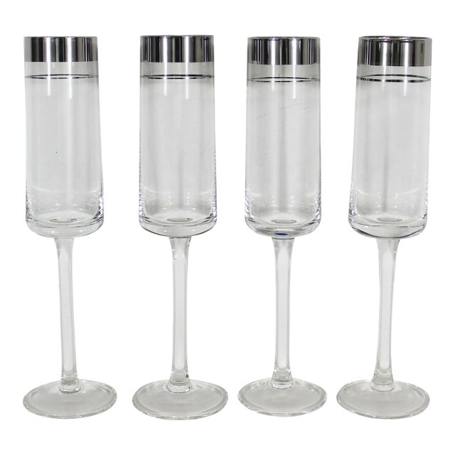 Mid-Century Modern Silver Rim Champagne Flutes Glasses- Set of 4 For Sale