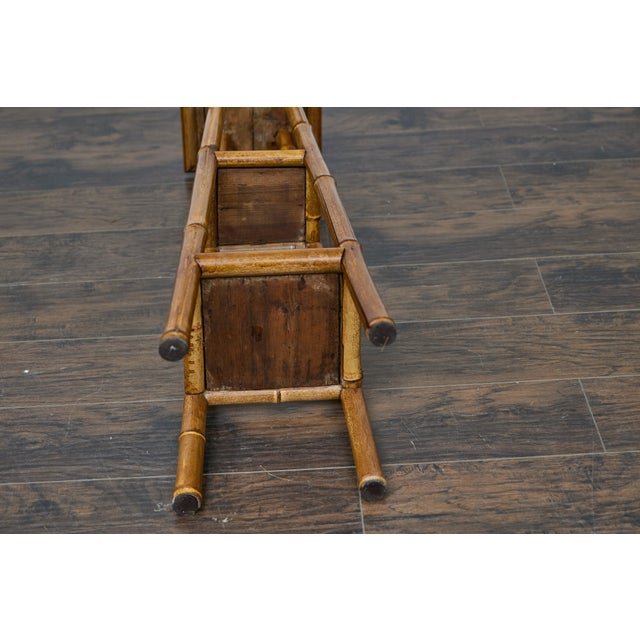 English Rustic 1920s English Walnut Faux Bamboo Stand with Rattan Top and Two Shelves For Sale - Image 3 of 12