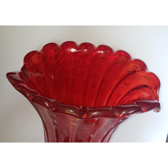 Glass Vintage Murano Glass Vase Bullicante Red Gold Attr Barovier Toso For Sale - Image 7 of 17