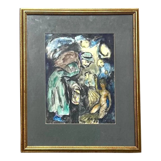 Vintage Boho Figurative Abstract Watercolor Painting on Paper For Sale
