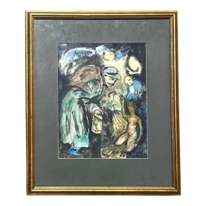 Vintage Boho Figurative Abstract Watercolor Painting on Paper