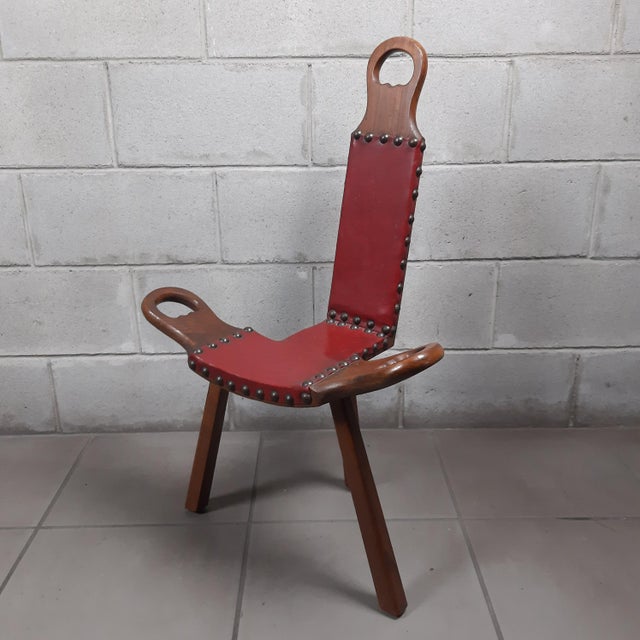 Set of Spanish Brutalist Chair in Wood & Red Leather, 1960s For Sale - Image 12 of 18