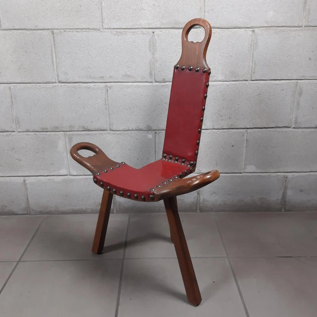 Spanish Brutalist Chair in Wood & Red Leather, 1960s, Set of 2 For Sale - Image 12 of 18