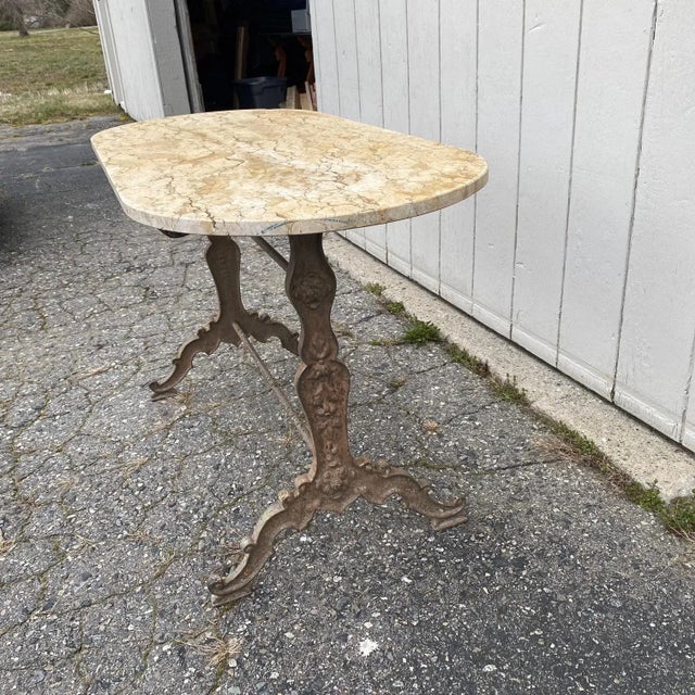 French Oval Marble Top Cafe Table With Metal Base | Chairish