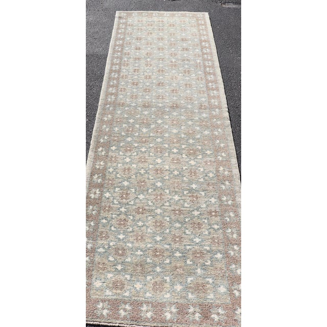 Turkish Oushak Runner With Repeating Floral Motif in Taupe and Seafoam Green For Sale - Image 10 of 10