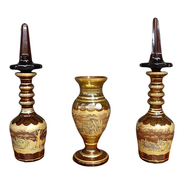 Late 20th Century Bohemian Glass Decanter and Vase Set With Horse-Drawn Carriage Scenes, Set of 3 For Sale