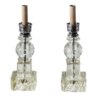 Art Deco Chrome Cut Glass Small Scale Table Lamps Vintage-a Pair For Sale