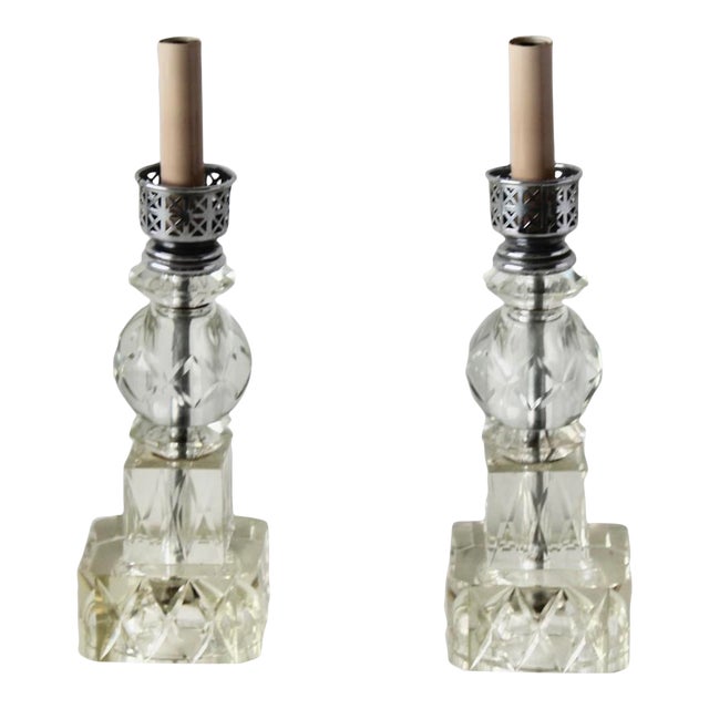Art Deco Chrome Cut Glass Small Scale Table Lamps Vintage-a Pair For Sale