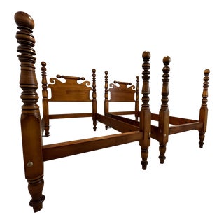 A Pair of Leonards ‘Bell and Ring’ Tiger Maple Twin Beds For Sale