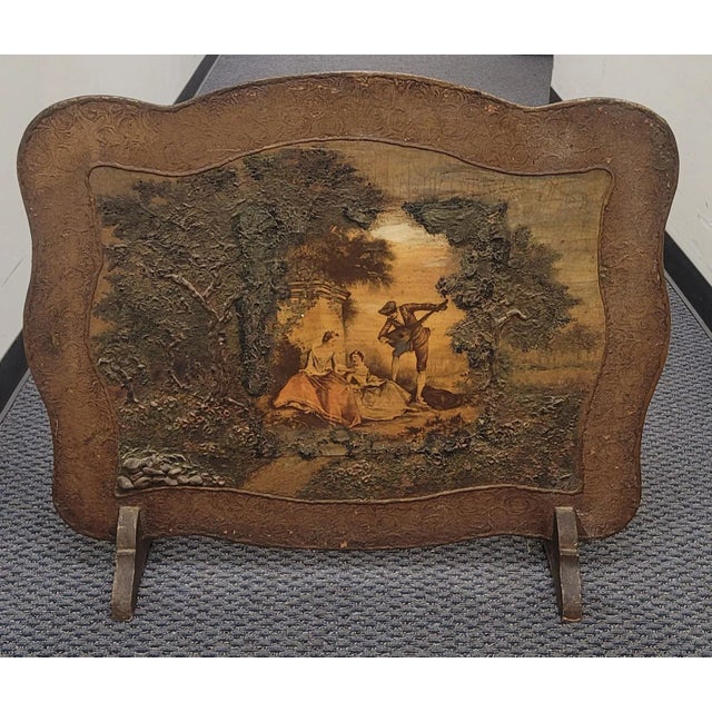 Arts & Crafts Antique Hand Raised Painted Fireplace Screen, Circa 1920 For Sale - Image 3 of 10