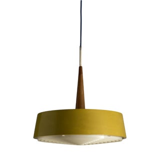 Mustard Yellow Pendant Lamp with Teak Accent and Grid Diffuser, 1960s For Sale