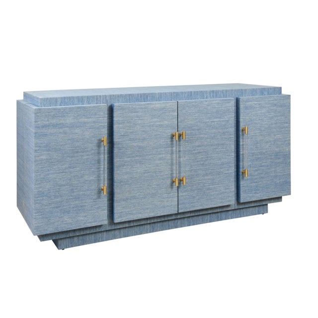 Contemporary Matthew Izzo Home Steele Blue Grasscloth Four Door Wrap Around Modern Buffet With Acrylic and Brass Hardware For Sale - Image 3 of 7