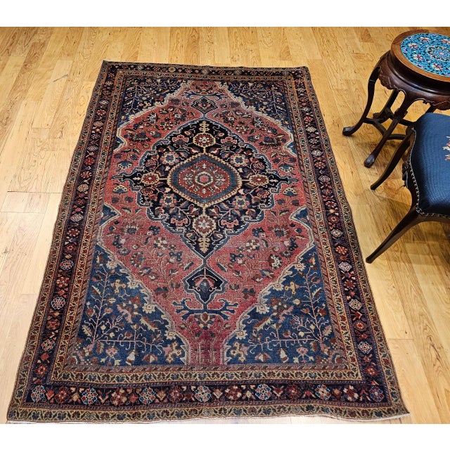 Persian Vintage Persian Farahan Sarouk Rug, Hand-Knotted Wool, Floral Pattern, Rust Red & Blue, 5x7 For Sale - Image 3 of 17