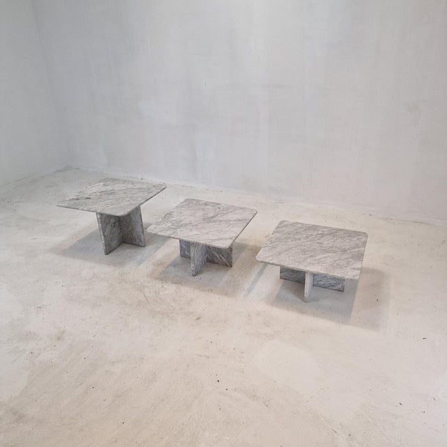 Stunning set of 3 Italian coffee or side tables, handcrafted out of marble. They can be used inside or outside the house....