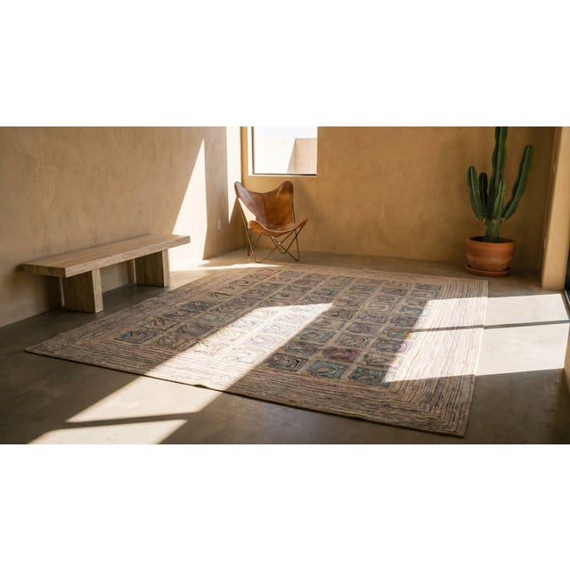 Textile Colorful Square in a Geometric Design With Lovely Ivory Background Antique American Hooked Rug For Sale - Image 7 of 8