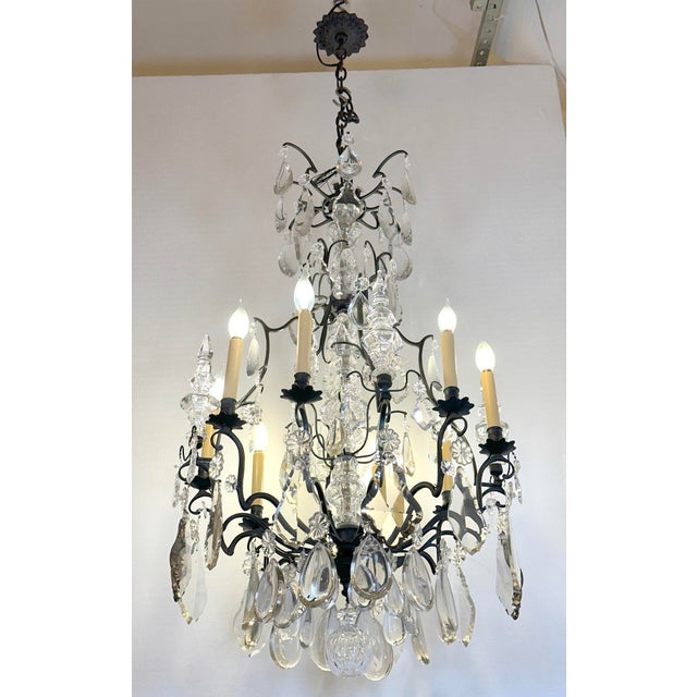 French Mid 20th Century Restored Louis XV Blackened Bronze Crystal Cage Chandelier For Sale - Image 3 of 9