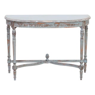 Louis XV Carved Duck Egg Blue Demi Lune Console Made in Spain For Sale