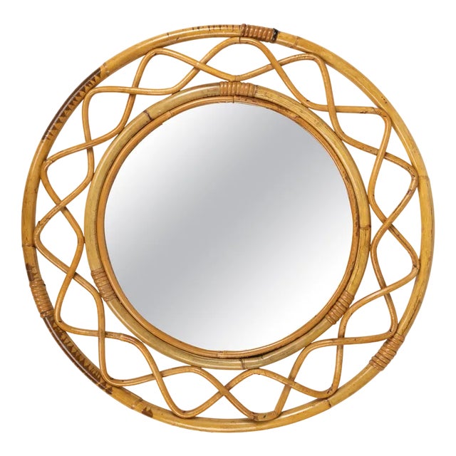Mid-Century Round Double Frame Wall Mirror in Bamboo and Rattan, Italy, 1960s For Sale