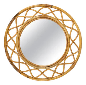 Mid-Century Round Double Frame Wall Mirror in Bamboo and Rattan, Italy, 1960s