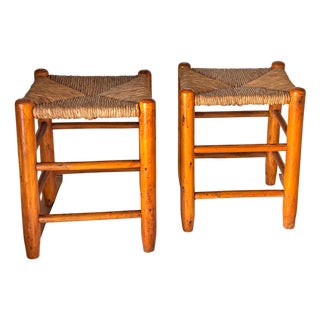 French Wood and Woven Straw Stools in the style of Charlotte Perriand, 1950s, Set of 2 For Sale