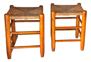 French Wood and Woven Straw Stools in the style of Charlotte Perriand, 1950s, Set of 2