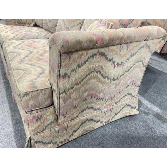 Wood 1970’s Lilac Flamestitch Fabric Tuxedo Sofas, Pair For Sale - Image 7 of 10