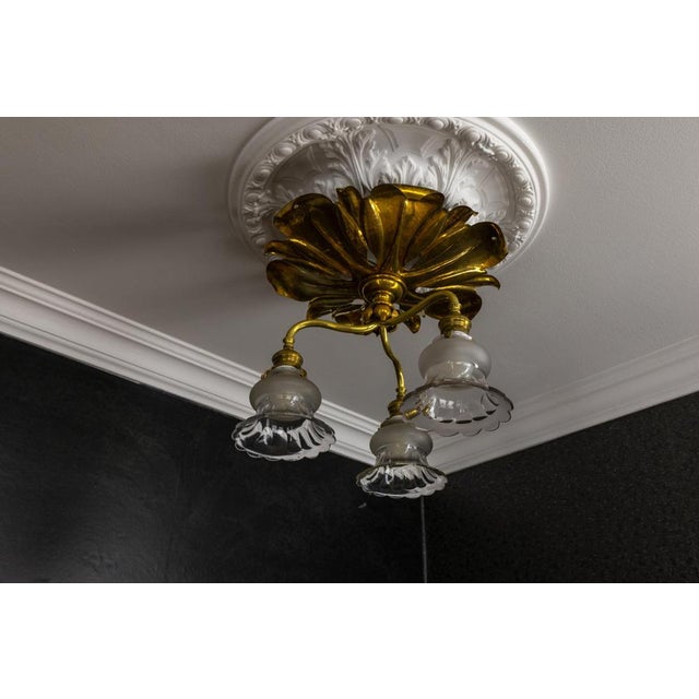 French Art Nouveau Brass and Glass Three-Light Flush Mount Ceiling Light, 1920 For Sale - Image 3 of 18