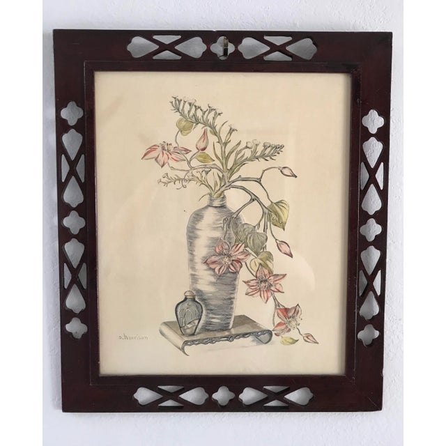Wood 1940s Original Still Life Chinoiserie Water Color by A. Harrison Hand Carved Frame For Sale - Image 7 of 7