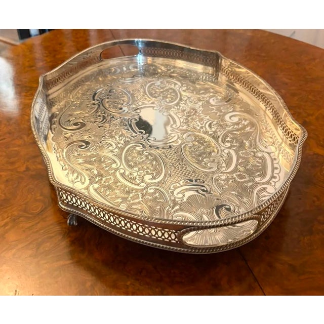 Antique Edwardian Silver-Plated Engraved Tea Tray with Pierced Gallery, 1900 For Sale - Image 10 of 15