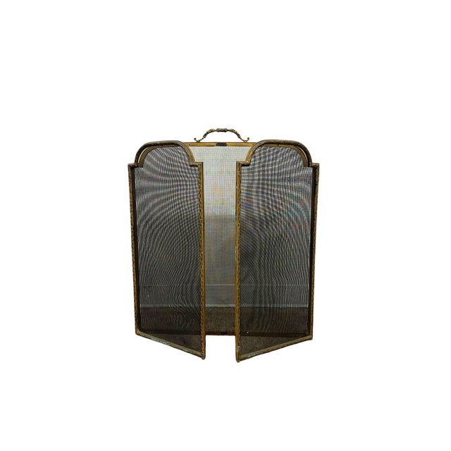 Vintage Brass-Toned Fireplace Screen With Folding Mesh Panels and Ornate Handle For Sale - Image 4 of 10