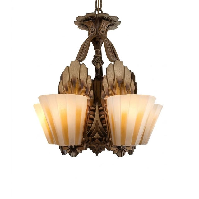 A breathtakingly rare, museum-quality American Art Deco five-light slip shade flush mount. Produced in the 1930s by the...