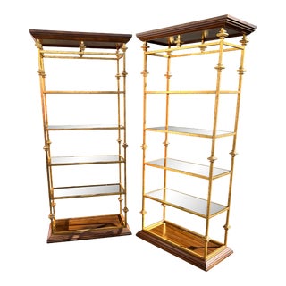 Mid 20th Century Hollywood Regency Style Metal Wood Smoke Glass Etageres Shelves - a Pair For Sale