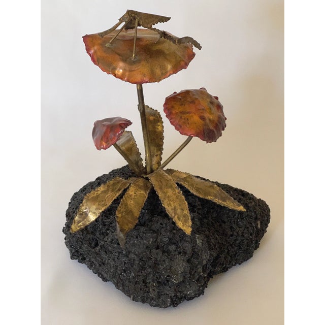 Mid-Century Modern 1970s Brutalist Brass, Copper & Lava Stone Base Grasshopper Sculpture For Sale - Image 3 of 13