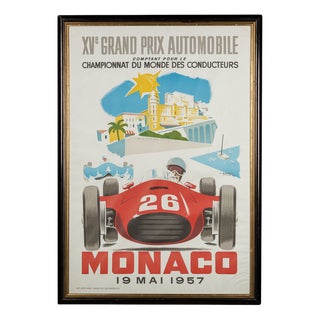 Vintage 20th Century Framed 1957 Monaco Grand Prix Poster by Jean Ramel, 1985 For Sale
