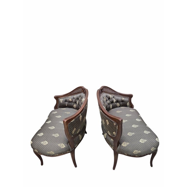 Late 19th Century Antique Victorian Rococo Revival Asymmetrical Caned Ladies’ Conversation Chairs - Pair For Sale - Image 5 of 12