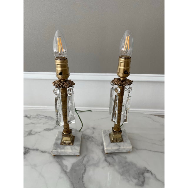 Metal Antique Pair of Neo-Classical Petite Brass and Cut Crystal Lamps Completely Restored For Sale - Image 7 of 11