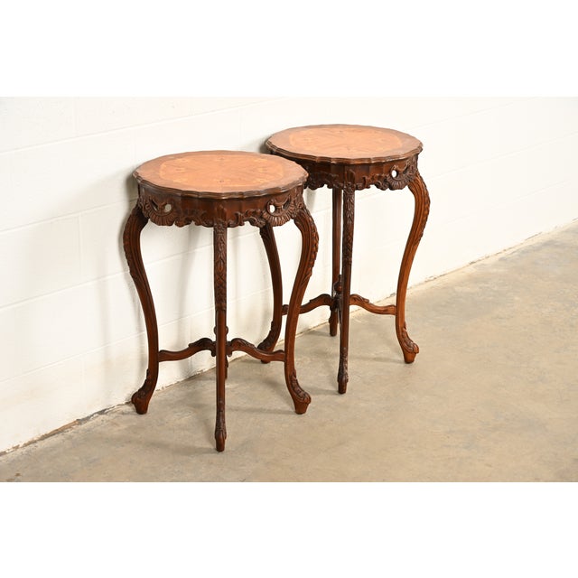 French Provincial Romweber Style French Provincial Louis XV Carved Walnut and Satinwood Inlaid Marquetry Side Tables, Pair For Sale - Image 3 of 12