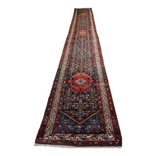 Vintage Persian Malayer Long Runner, Herati Geometric Pattern, Handwoven Wool, Navy & Red, 3’ X 20’ For Sale