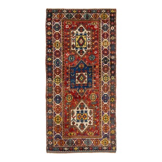Red Vintage Kazak Caucasian Wool Runner With Multicolor Geometric Design For Sale