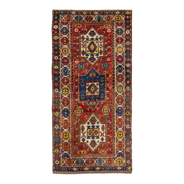 Red Vintage Kazak Caucasian Wool Runner With Multicolor Geometric Design For Sale