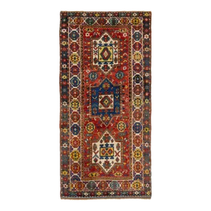 Red Vintage Kazak Caucasian Wool Runner With Multicolor Geometric Design