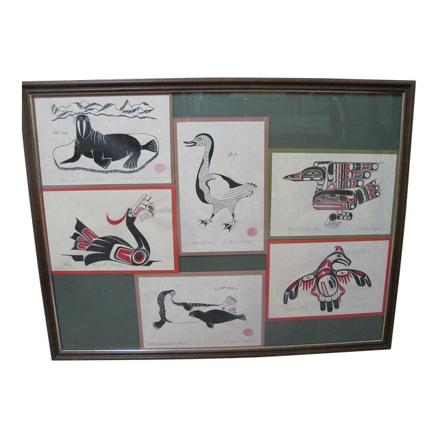 Canadian Inuit Native Signed Framed Bird Seal & Walrus Print Set of 6 For Sale