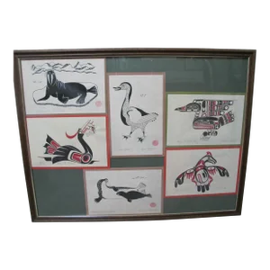 Canadian Inuit Native Signed Framed Bird Seal & Walrus Print Set of 6
