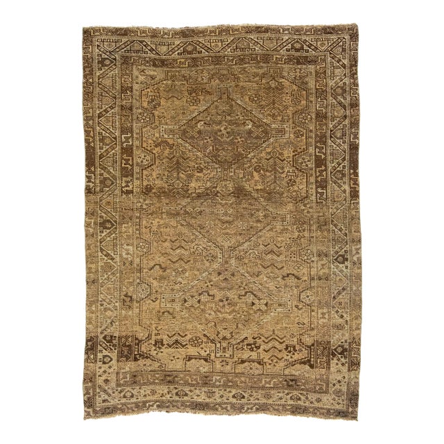 1920s Antique Handmade Persian Shiraz Scatter Wool Rug in Brown For Sale