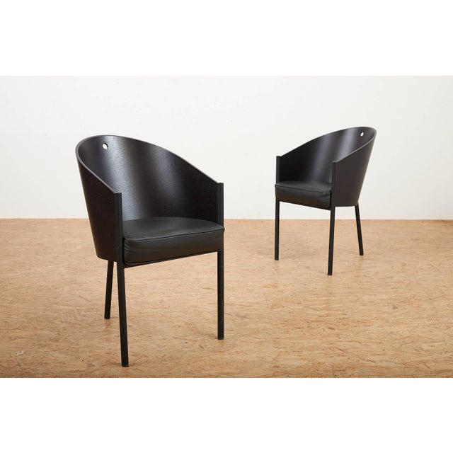 Costes Chair Set in Black Lacquered Tubular Steel Frame, Molded Plywood Seat and Leather by Philippe Starck, 1984, Set of 6 For Sale - Image 11 of 17