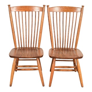 Stickley Style American Colonial Solid Oak Spindle Back Windsor Side Chairs or Dining Chairs, Pair For Sale