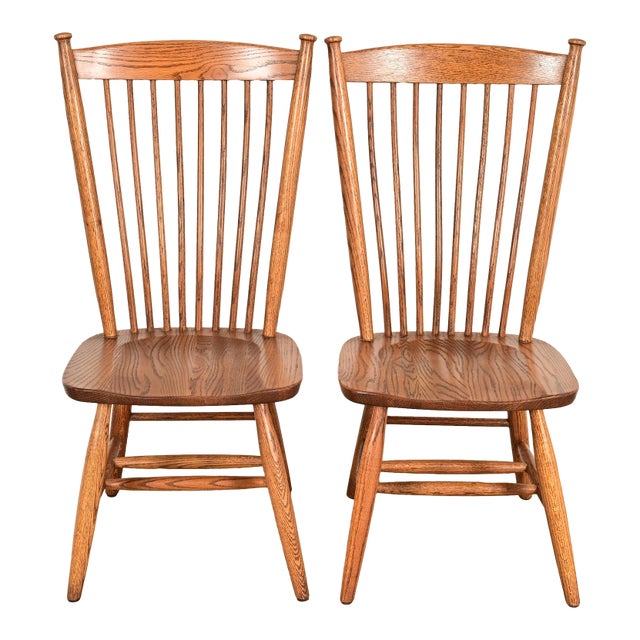Stickley Style American Colonial Solid Oak Spindle Back Windsor Side Chairs or Dining Chairs, Pair For Sale