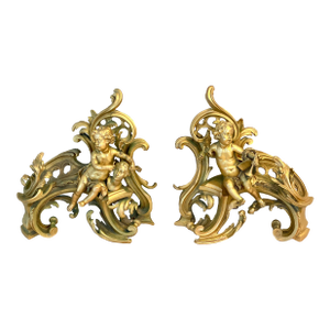 Pair of French Early 19thC Louis XV Style Gilt Andirons Chenets